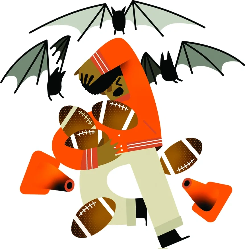 An illustration of a man in a varsity jacket holding a handful of footballs, covering his head with his hands to ward off attacks from bats.