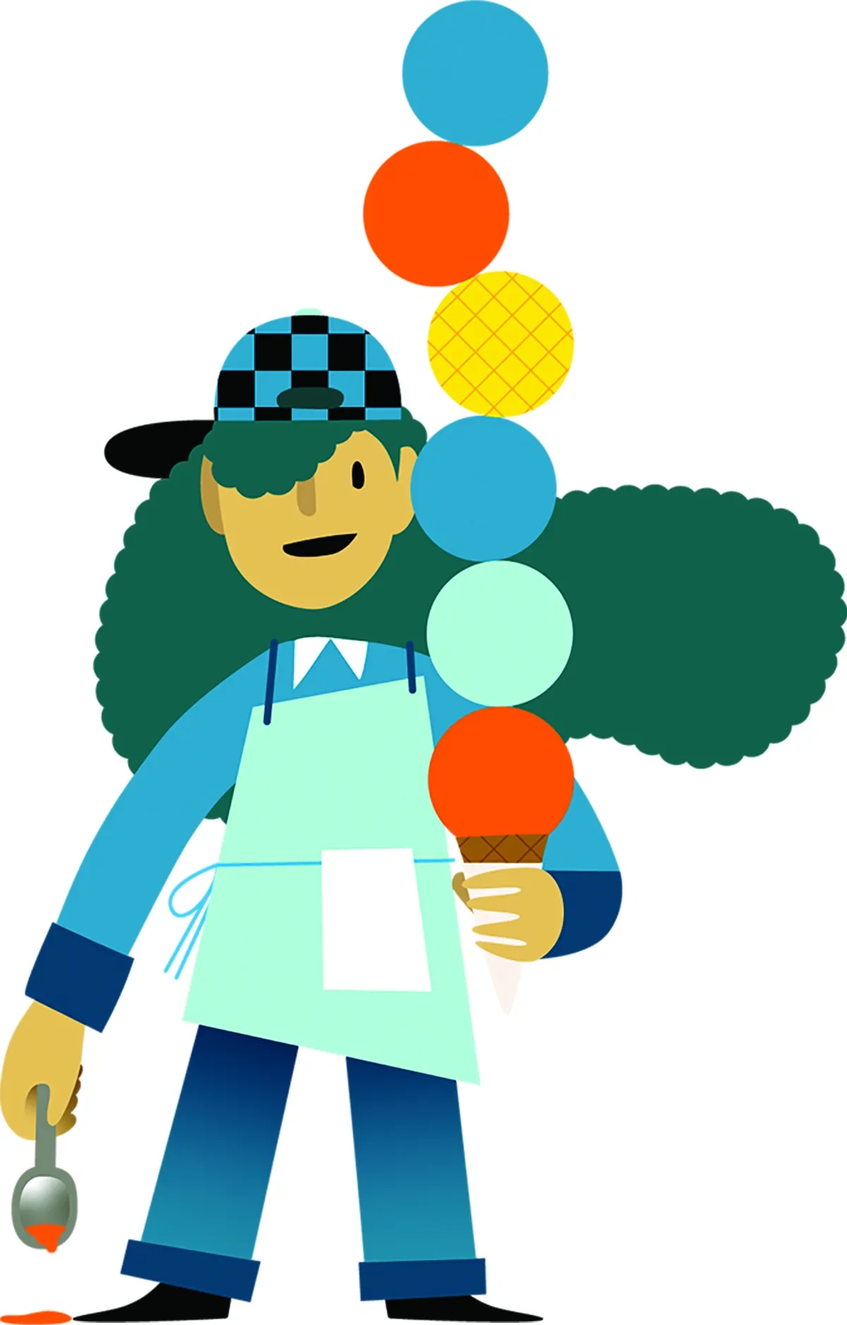 An illustration of a woman in a blue uniform and baseball cap holds an ice cream come stacked high with scoops.
