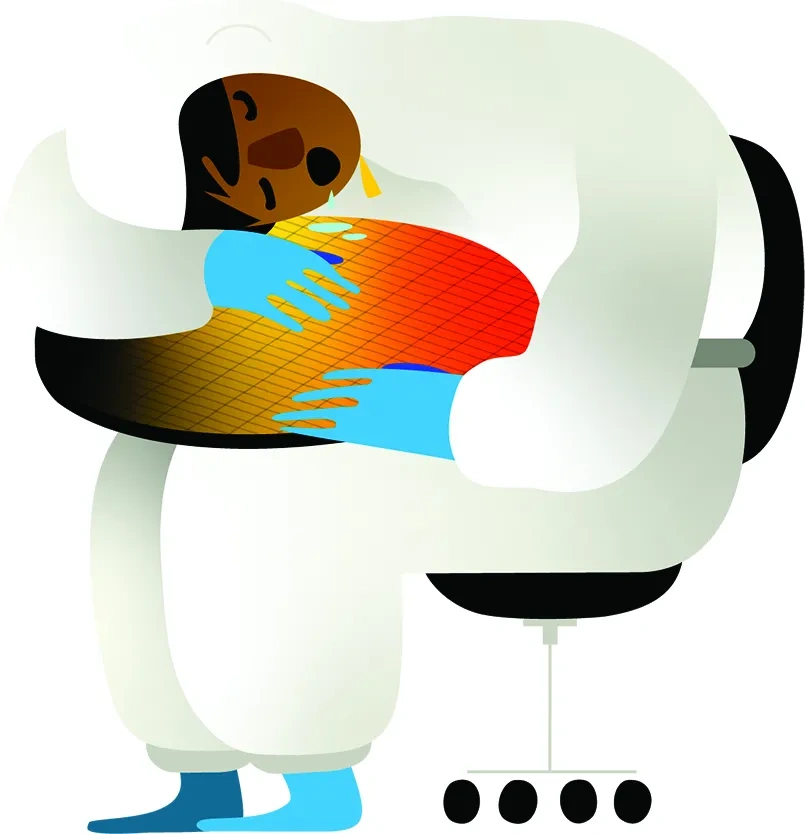 An illustration of a man in a lab suit who sits in a rolling chair and leans over a machine chip, drooling and sleeping.